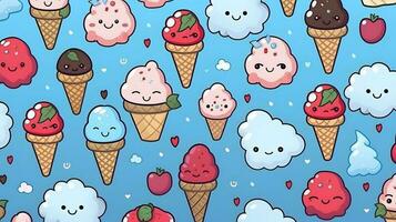 süß Karikatur Eis Cremes auf Weiß Hintergrund im Japan kawaii Stil foto