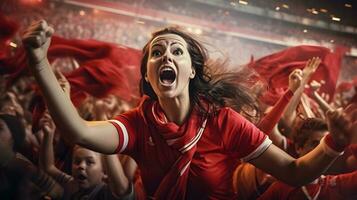 weiblich Fußball Ventilator feiern das Sieg von ihr Team. Fußball Frau. foto