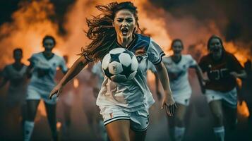 weiblich Fußball Ventilator feiern das Sieg von ihr Team. Fußball Frau. foto