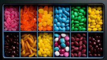 ein Sortiment von anders farbig zäh Süßigkeiten im Platz Tabletts. foto