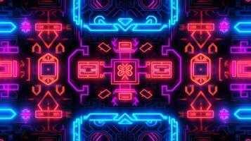 abstrakt Neon- Licht glühend Linien, aztekisch Maya Stil Muster Design Illustration . ai generiert foto