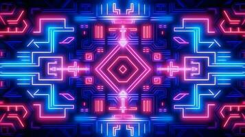 abstrakt Neon- Licht glühend Linien, aztekisch Maya Stil Muster Design Illustration . ai generiert foto