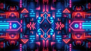 abstrakt Neon- Licht glühend Linien, aztekisch Maya Stil Muster Design Illustration . ai generiert foto