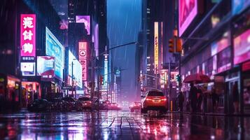 Nacht Szene von nach Regen Stadt im Cyberpunk Stil, futuristisch nostalgisch 80er, 90er. Neon- Beleuchtung beschwingt Farben, fotorealistisch horizontal Illustration. ai generiert foto