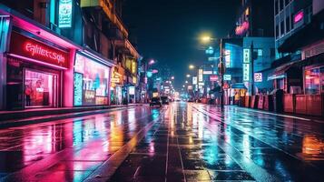 Nacht Szene von nach Regen Stadt im Cyberpunk Stil, futuristisch nostalgisch 80er, 90er. Neon- Beleuchtung beschwingt Farben, fotorealistisch horizontal Illustration. ai generiert foto