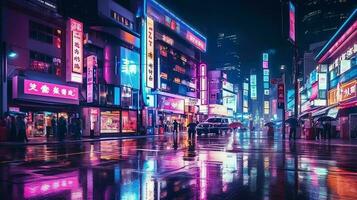 Nacht Szene von nach Regen Stadt im Cyberpunk Stil, futuristisch nostalgisch 80er, 90er. Neon- Beleuchtung beschwingt Farben, fotorealistisch horizontal Illustration. ai generiert foto