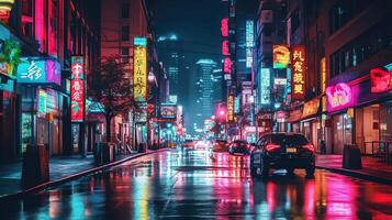 Nacht Szene von nach Regen Stadt im Cyberpunk Stil, futuristisch nostalgisch 80er, 90er. Neon- Beleuchtung beschwingt Farben, fotorealistisch horizontal Illustration. ai generiert foto