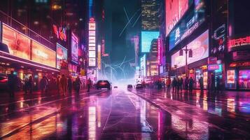 Nacht Szene von nach Regen Stadt im Cyberpunk Stil, futuristisch nostalgisch 80er, 90er. Neon- Beleuchtung beschwingt Farben, fotorealistisch horizontal Illustration. ai generiert foto