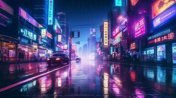Nacht Szene von nach Regen Stadt im Cyberpunk Stil, futuristisch nostalgisch 80er, 90er. Neon- Beleuchtung beschwingt Farben, fotorealistisch horizontal Illustration. ai generiert foto
