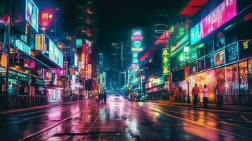 Nacht Szene von nach Regen Stadt im Cyberpunk Stil, futuristisch nostalgisch 80er, 90er. Neon- Beleuchtung beschwingt Farben, fotorealistisch horizontal Illustration. ai generiert foto