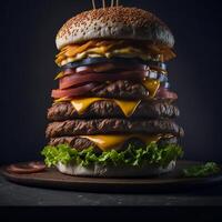 ein lecker Gourmet Burger mit alle das Befestigungen ai generiert foto