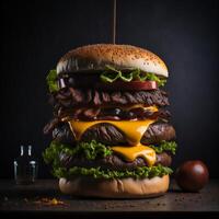 ein lecker Gourmet Burger mit alle das Befestigungen ai generiert foto