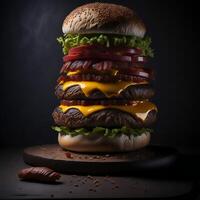 ein lecker Gourmet Burger mit alle das Befestigungen ai generiert foto