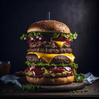 ein lecker Gourmet Burger mit alle das Befestigungen ai generiert foto