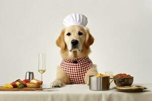 süß Hund golden Retriever Koch mit Kostüm bereit zu Kochen zum Abendessen isoliert auf Weiß Hintergrund, komisch Moment, Haustier Konzept, mit generativ ai. foto