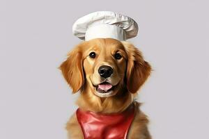 süß Hund golden Retriever Koch mit Kostüm bereit zu Kochen zum Abendessen isoliert auf Weiß Hintergrund, komisch Moment, Haustier Konzept, mit generativ ai. foto