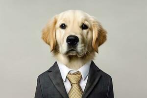 süß Hund golden Retriever mit Büro Geschäft passen Kostüm zum anwenden das Job isoliert auf Weiß Hintergrund, komisch Moment, Haustier Konzept, mit generativ ai. foto
