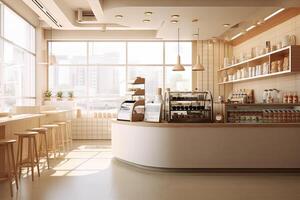 minimal Innere Design Kaffee Cafe Bar Geschäft mit Beige gemütlich Ton Stil und mit glänzend Elfenbein Weiß runden Ecke Schalter, Kaffee Maschinen, mit generativ ai. foto