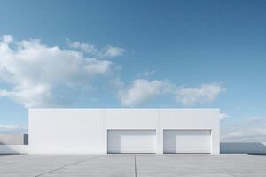 Weiß minimal die Architektur Gebäude Hintergrund leeren breit Raum zum spotten hoch, Beton Fußboden Auto Park, Zement Garage Design Szene mit Kopieren Raum, mit generativ ai. foto