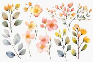 Aquarell von tropisch Frühling Blumen- Grün Blätter und Blumen Elemente isoliert auf Weiß Hintergrund, Blumensträuße Gruß oder Hochzeit Karte Dekoration, mit generativ ai. foto