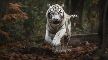 aufgeregt Weiß Tiger Laufen und springen im das Urwald mit Grün Pflanzen auf das Hintergrund. generativ ai. foto