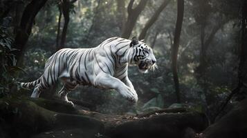 großartig Weiß Tiger Laufen und springen im das Urwald mit Grün Pflanzen auf das Hintergrund. generativ ai. foto