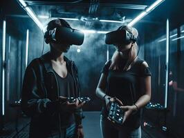 glücklich freunde spielen Video Spiele tragen virtuell Wirklichkeit Brille mit Controller. isoliert auf Zukunft Zimmer Hintergrund. generativ ai Technologie. foto