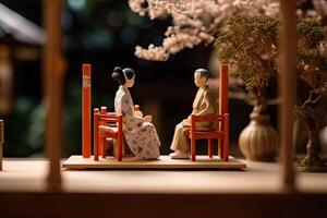 Miniatur japanisch Jahrgang Hochzeit, natürlich Diorama. japanisch Ehefrau und Mann im traditionell Outfits. Konzept von klassisch Romantik, Liebe und Beziehungen erstellt mit generativ ai Technologie foto