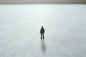 einsam Mann steht im Mitte von leeren Raum. psychologisch Konzept von Einsamkeit, Leere, Traurigkeit, Hilflosigkeit erstellt mit generativ ai Technologie foto