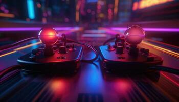 futuristisch stilvoll Joystick zum Spiele im Neon- Licht foto