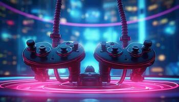 futuristisch stilvoll Joystick zum Spiele im Neon- Licht foto