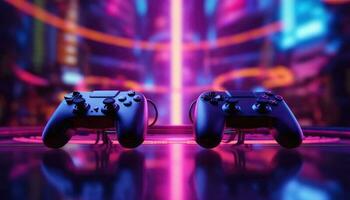 futuristisch stilvoll Joystick zum Spiele im Neon- Licht foto