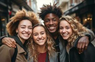 Porträt von ein Gruppe von lächelnd gemischtrassig Personen. ai Generation foto
