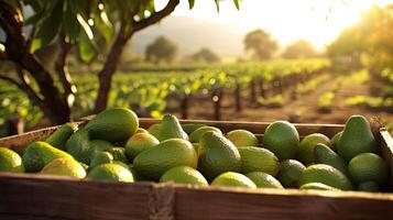 organisch Avocado im ein hölzern Box auf das Feld. Raum zum Text, Attrappe, Lehrmodell, Simulation, generativ ai foto