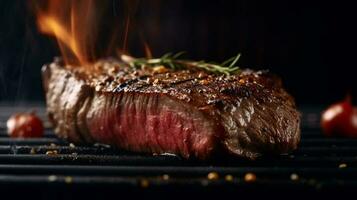 Rindfleisch Steak Mittel Selten gegrillt. geschlossen oben und selektiv Fokus. generativ ai foto