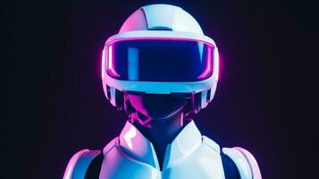 futuristisch Roboter mit vr Headset mit glänzend Rosa Beleuchtung auf dunkel Hintergrund. generativ ai foto