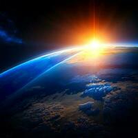 Blau Sonnenaufgang, Aussicht von Erde von Raum foto