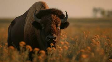 ein stolz amerikanisch Bison, es ist Pelz fließend mit das Brise, steht inmitten ein atemberaubend Feld von Wildblumen foto