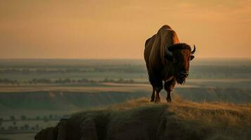 ein majestätisch amerikanisch Bison Stehen oben auf ein felsig Aufschluss foto