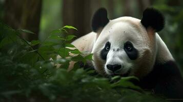 ein Riese Panda, spielerisch rollen inmitten das hoch Bambus Stiele, es ist ansteckend Energie dominierend das still Wald foto