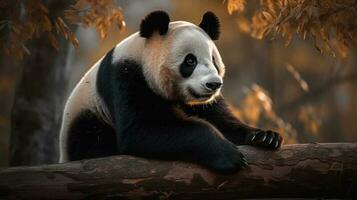 ein Riese Panda, spielerisch rollen inmitten das hoch Bambus Stiele, es ist ansteckend Energie dominierend das still Wald foto