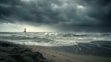 ein verwüsten Strand während Sturm foto