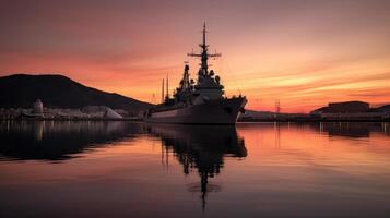 ein Schlachtschiff verankert im ein ruhig Hafen beim Sonnenuntergang foto