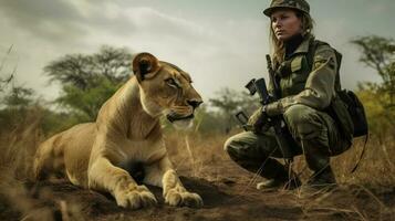 ein Löwin und ein Soldat Arbeiten zusammen zu Rettung ein klein Jungtier, mit das afrikanisch Savanne Dehnen aus hinter Sie foto