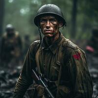 ein müde Soldat im ein Welt Krieg ii Schlachtfeld, Schlamm und Blut auf ihr Uniform foto