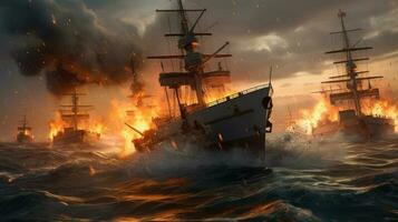 ein Militär- Bild von ein Marine- Schlacht, zwei Kriegsschiffe austauschen Feuer im das öffnen Meer, Wellen abstürzen gegen das Rümpfe, dunkel Wolken auf das Horizont, Hervorheben das Chaos und Zerstörung foto