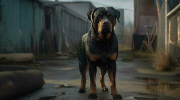 ein Rottweiler, es ist dunkel Mantel glänzend unter das Sanft Sonnenlicht, ausstrahlen ein Aura von Mut und Stärke foto