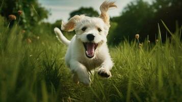 glücklich Haustier Hund Hündchen herumtollen im das Gras, ein Bild von rein Glückseligkeit wie es Striche über das grün Feld foto