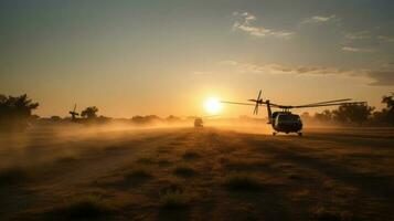 Militär- und Hubschrauber Truppen auf das Weg zu das Schlachtfeld beim Sonnenuntergang foto