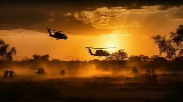 Militär- und Hubschrauber Truppen auf das Weg zu das Schlachtfeld beim Sonnenuntergang foto